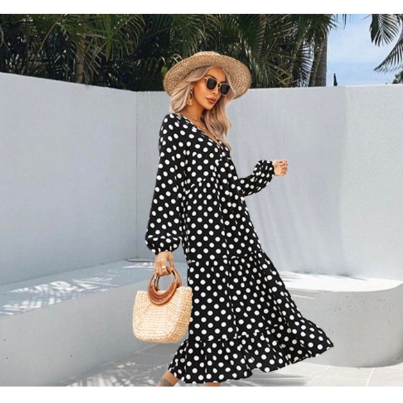 Womens Bohemian Polka Dot V Neck Long Sleeve Dress, NEW, Size S - Picture 4 of 7